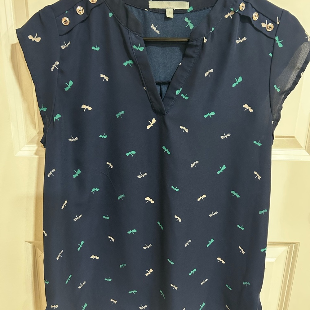 Women’s Navy Dragonfly Print Cap Sleeve Blouse